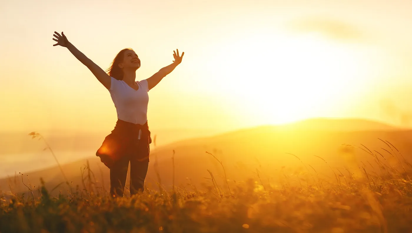 Woman in a sunflower field at sunset